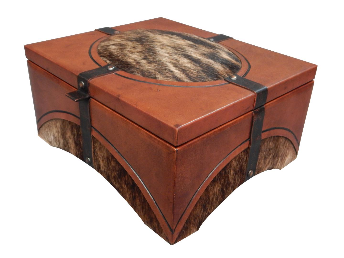 leather box with a cowhide hair real brindle color and belts